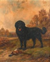 Wright Barker RBA (1864-1941) Working dog with retrieved pheasant in an Autumnal landscape Signed,