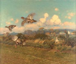 William Woodhouse (1857-1939) Partridge shooting Signed, oil on canvas, 49.5cm by 60cm The canvas is