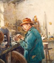 Albert George Stevens (1863-1925) A Whitby Jet worker Signed, watercolour, 21.5cm by 18.5cm A good