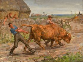 Joseph Denovan Adams Jnr (1870-1935) The troublesome young bull Signed, oil on canvas, 34.5cm by