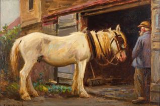 Ernest Higgins Rigg (1868-1947) Working horse going into a stable Signed, oil on panel, 31cm by 45.