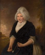 Follower of Allan Ramsay (1713-1784) Portrait of Mrs Salisbury, three-quarter length seated before a