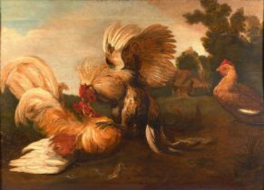 Follower of Melchior de Hondecoeter (1636–1695) Dutch Cocks Fighting With extensively inscribed,