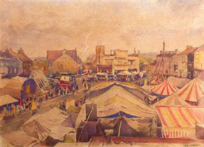 Fred Lawson (1880-1968) Leyburn market Signed, pen and watercolour, 27cm by 37.5cm