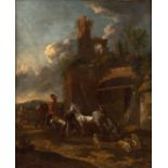 Circle of Philips Wouwerman (1619-1688) Dutch Travellers tending the horses at ruins Oil on