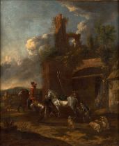 Circle of Philips Wouwerman (1619-1688) Dutch Travellers tending the horses at ruins Oil on