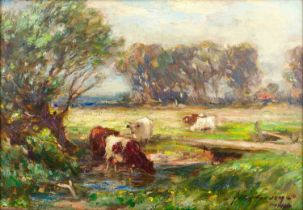 Owen Bowen ROI, PRCamA (1873-1967) Cattle watering in a Summer landscape Signed, oil on board, 23.