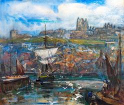 Rowland Henry Hill (1873-1952) View of Whitby Abbey from the harbour Signed and dated 1926, mixed