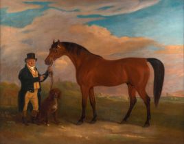John Ferneley Snr. (1782-1860) A gentleman standing in a landscape, holding the reins of a