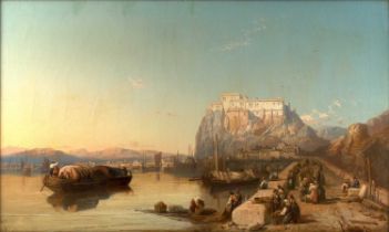 Circle of George Clarkson Stanfield (1828-1878) Continental harbour with figures and vessels in