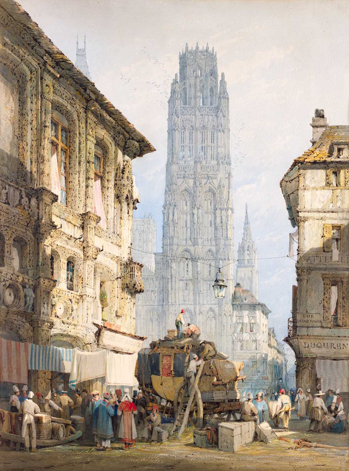 Samuel Prout OWS (1783-1852) "Cafe de la Place, Rouen" Signed, watercolour, 70.5cm by 52.5cm Sold