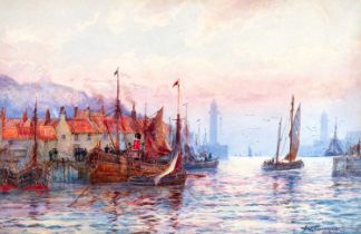 Frederick William Scarborough (1860-1939) Shipping scene with masted ships Signed, watercolour, 34cm