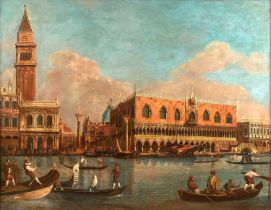 Manner of Canaletto (1697-1768) Italian Venetian canal with gondolas and a view of the Campanile