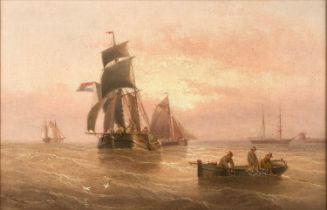Henry Redmore (1820-1887) Fishing boat hauling in nets, and other vessels at sunset Signed and dated