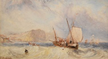 George Weatherill (1810-1890) Fishing boats off a bay Signed, pencil and watercolour, 11cm by 20cm