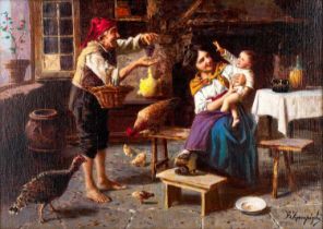 Eugenio Zampighi (1859-1944) Italian Music making in a rustic interior Entertaining the baby Each