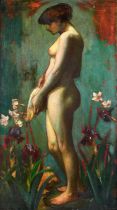 Han van Meegeren (1889-1947) Dutch Standing nude study with Iris and Narcissi Oil on canvas, 107.5cm