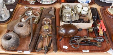 Two Trays of Mixed Collectables Mainly Wooden Items and Metalwares, including various sugar cutters,