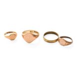 Three 9 Carat Gold Signet Rings, finger sizes S1/2, I1/2 and G; and A 9 Carat Gold Band Ring, finger