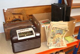 A Leather Gladstone Bag, together with a Bakelite valve radio, a box of 2000AD comics, 1980s and a