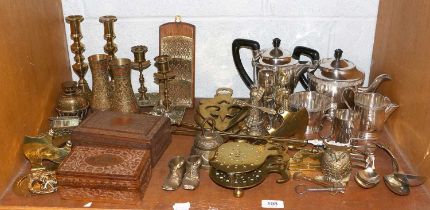 Silver Plate, including a tea set and various brassware, together with two carved wood Indian