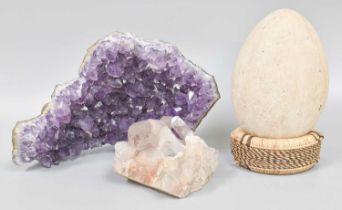 Natural History, an amethyst section, 31cm, a similar quartz cluster and a replica dinosaur egg