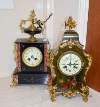 A Victorian Black Slate and Marble Striking Mantel Clock, 42cm high, together with a French gilt