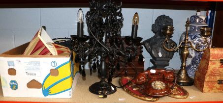 Quantity of Modern Decorative Items, including a black three light table lamp, compostion bust of