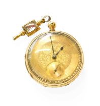 An 18 carat gold pocket watch, and pocket watch key Gross weight - 97.5 grams Outer case