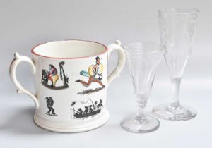 A George III Glass Ale Flute, inscribed B I&M 1798, a similar glass and a Staffordshre frog mug