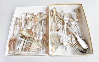 A Collection of George III and Later Silver Flatware, Fiddle pattern, comprising: 6 table-spoons 6