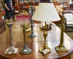 Silver Plated Table Lamp, two brass lamps and a gas table lamp with Cranberry Shade
