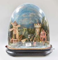 A Victorian Diorama Under Glass Dome, depicting a ship between a windmill and castle, 38cm high