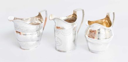 Three George III Silver Cream-Jugs, one by Thomas Holland, London, 1805, helmet shaped and with