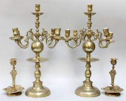 A Pair of Brass Five Light Candelabra Dutch Style, 45cm high, together with a pair of brass