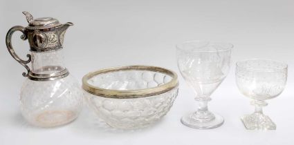 Assorted Late 19th Century Glassware Comprising, a star cut jug with plated mounts, glass bowl