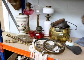 Three Oil Lamps, cooking pots, fire irons, car horn, light fitting, cranberry oil lamp, etc