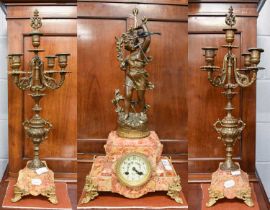 A Marble and Gilt Metal Mounted Striking Mantel Clock Garniture, clock 51cm high, 5 branch