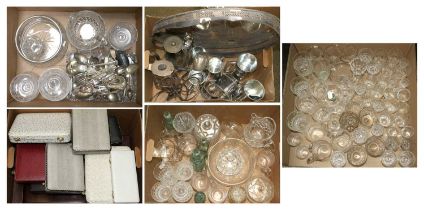 Five Boxes of Drinking Glasses and Silver Plate, including tumblers and wines, flatware and hollow-