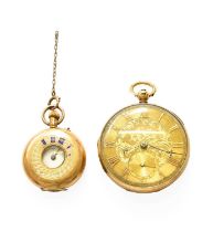 An 18 Carat Gold Open Faced Pocket Watch and a Lady's 14 Carat Gold Half Hunter Fob Watch, case