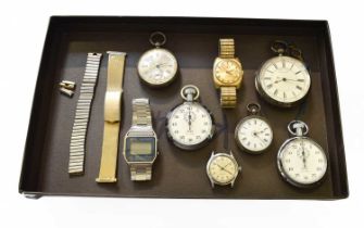 A Seiko Digital Display Alarm Chronograph Wristwatch, a Silver Chronograph Pocket Watch, Silver Open