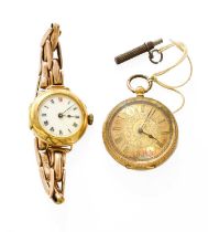 A Lady's 18 Carat Gold Enamel Dial Wristwatch, one bracelet link stamped 9ct, together with a Lady's