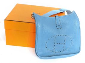 Circa 2010 Hermès Evelyne Blue Leather Bag with leather and canvas detachable shoulder strap,