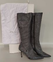 Pair of Jimmy Choo Pewter Snake Sparkle Knee High Boots, with inside zip, scalloped applique to