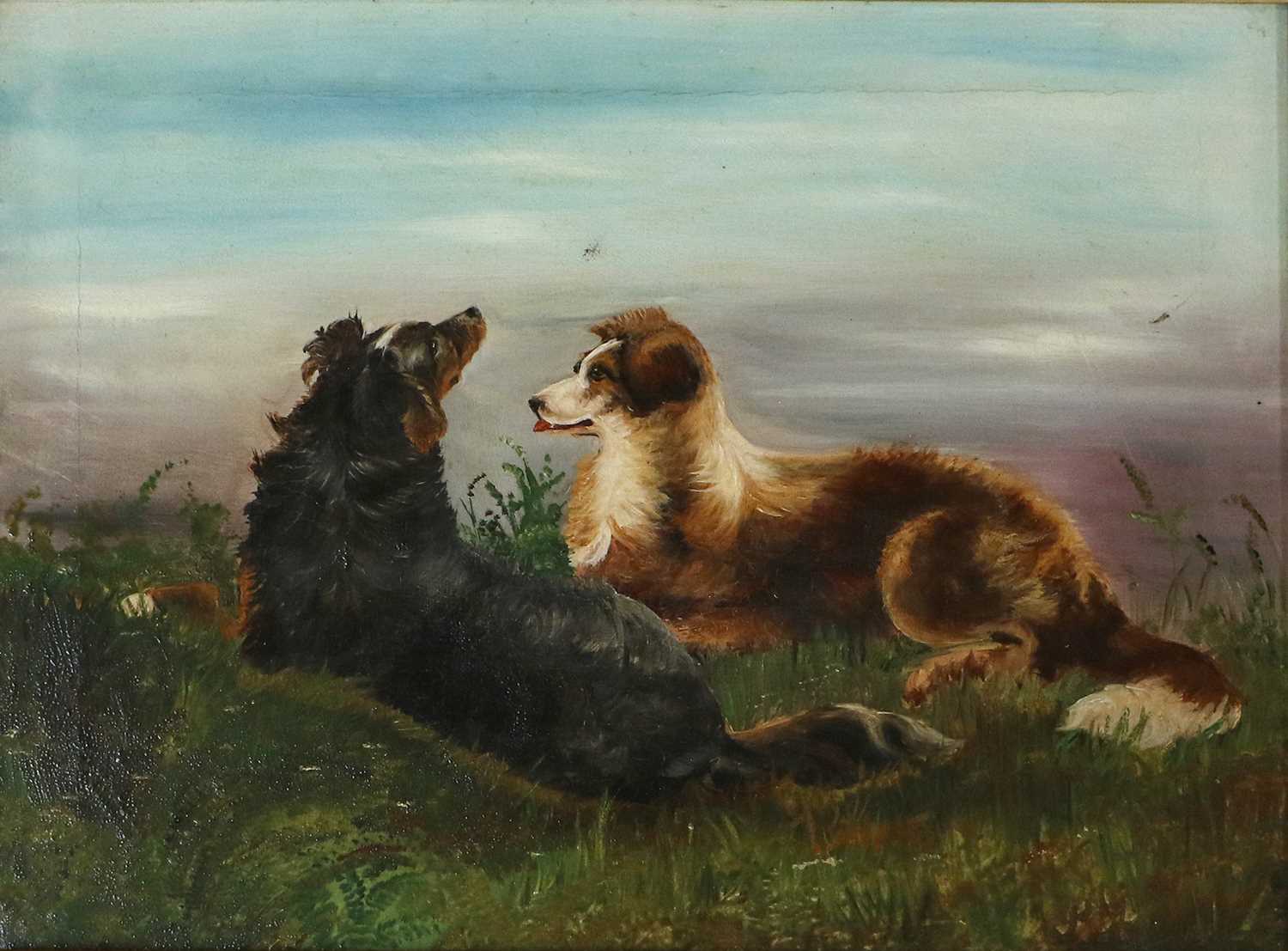 Follower of J Langlois (1855-1904) Two Collies resting in a field Oil on canvas, 26.5cm by 36cm