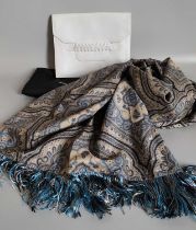 Saint Laurent Rive Gauche Blue and Silver Silk Stole/Scarf in a paisley style design with silk