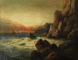 Attributed to Frank Hider (1861-1933) Stormy seas at sunset Oil on canvas, 34cm by 44.5cm