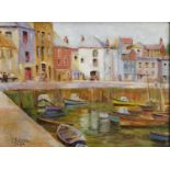 F Echauz (20th Century) Harbour scene with moored boats and figures sitting on a bench Signed and