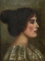 Isabel Hullk (20th Century) Potrait of an elegant lady, head and shoulders, wearing a white dress