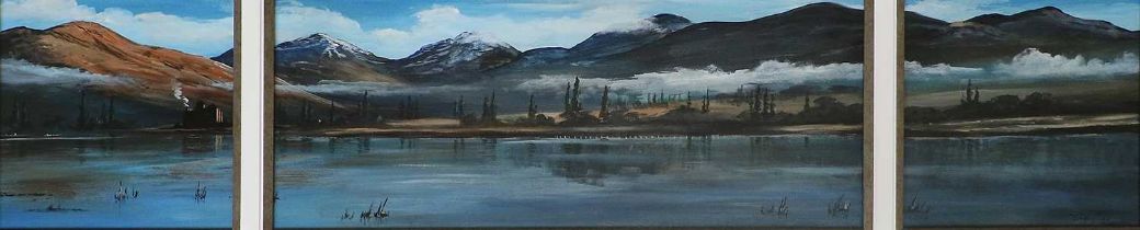 Digby Page (20th Century) "Morning Mist" Signed, acrylic, 23.5cm by 115cm (mounted as three)